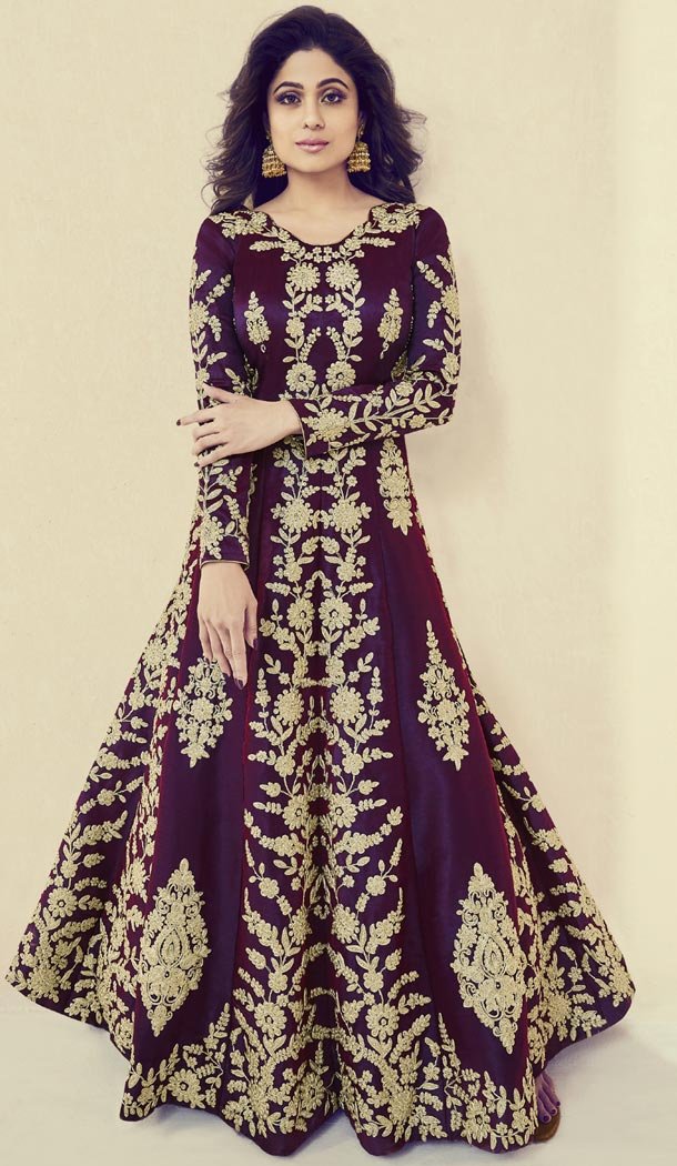 Purple Color Royal Silk Heavy Embroidery Party Wear Gown - 412650299