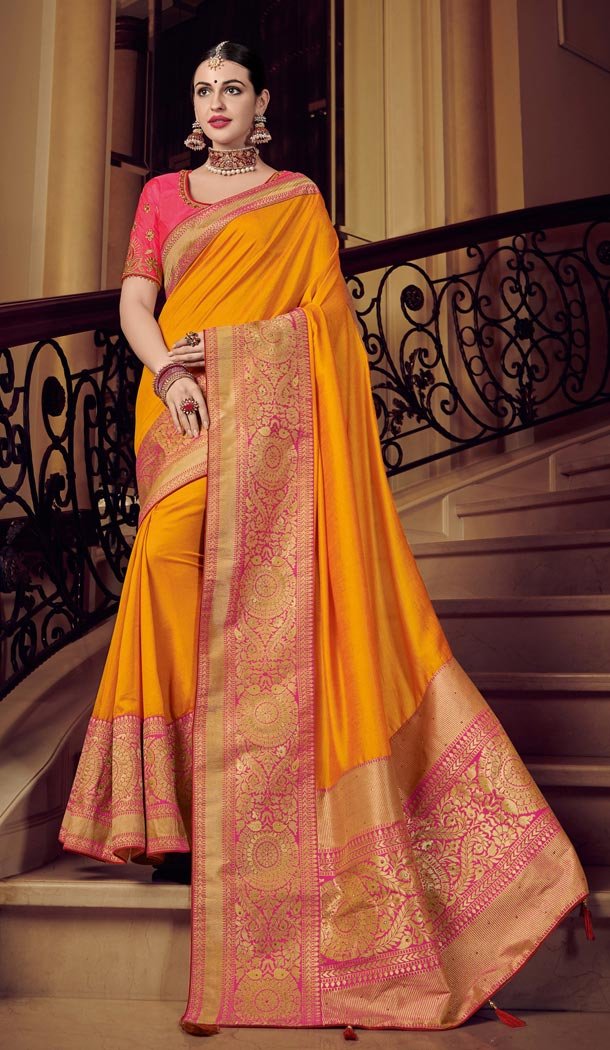 Yellow Color Row Silk Traditional Wear Saree Blouse