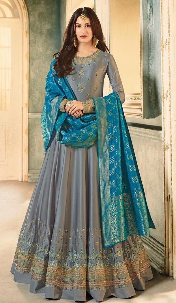 Grey Color Satin Georgette Long Pakistani Abaya Salwar Kameez