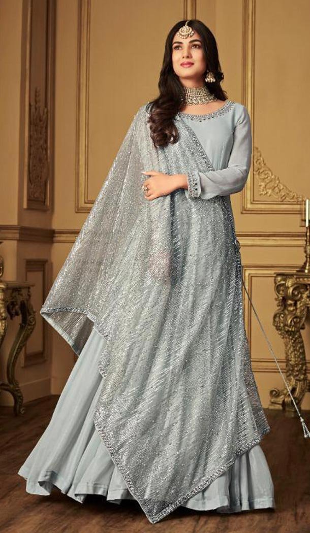 Grey Color Banarasi Silk Designer Party Wear Long Salwar Kameez - 413350370