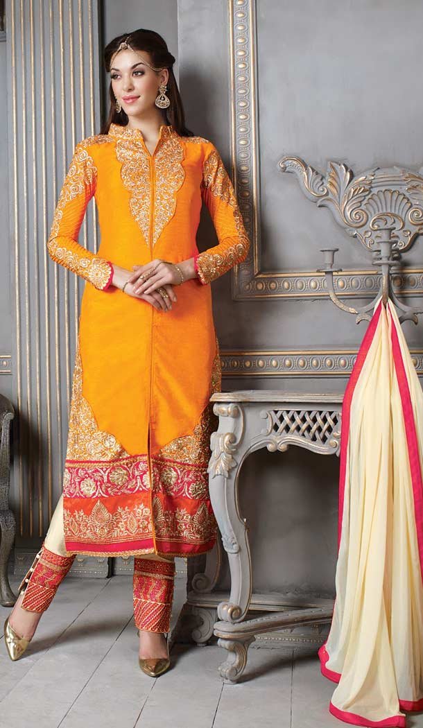 Light Mustard Art Silk Kameez with Straight Pant