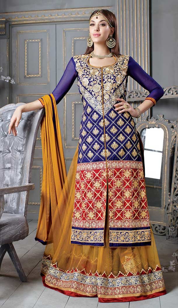 Dark Beige Net Lehenga Kameez with Dupatta