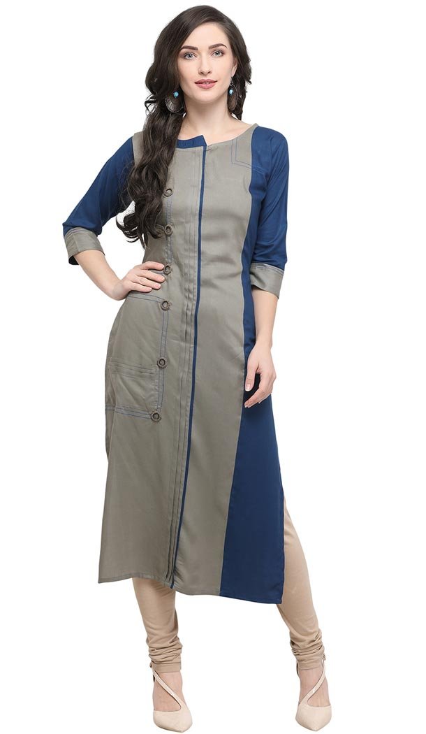 Alluring Multi Grey Color Rayon Party Wear Readymade Long Kurtis - 415150637