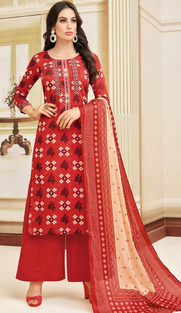 Attractive Red Color Heavy Chanderi Daily Wear Palazzo Salwar Kameez - 417650900