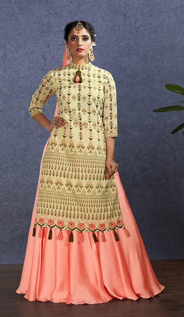 Beige Color Chanderi Party Wear Lehenga Style Salwar Kameez - 416850835