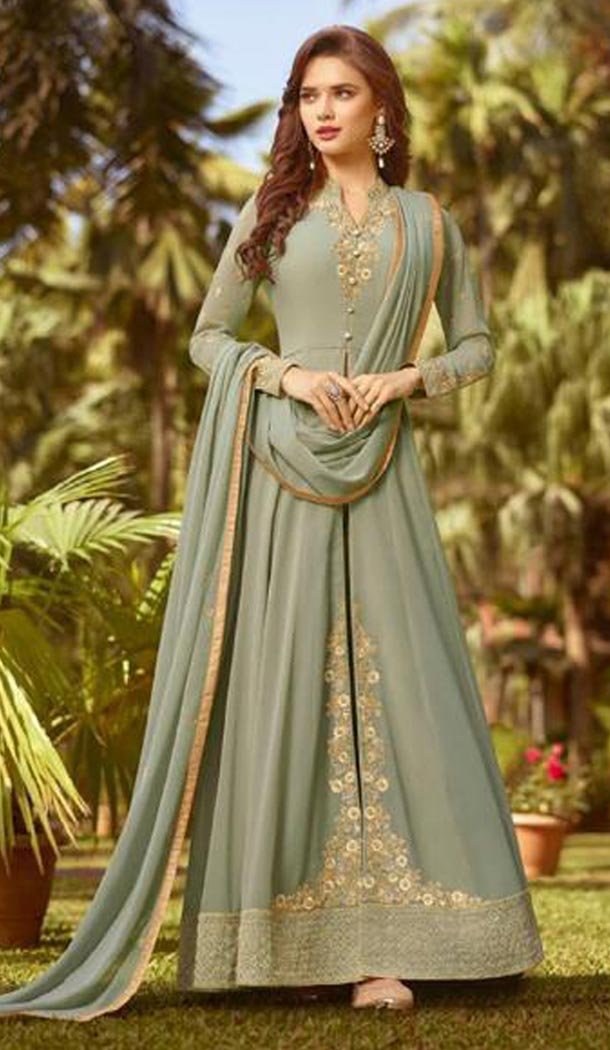 Turquoise Color Soft Georgette Knee Length Party Wear Salwar Kameez - 417150860