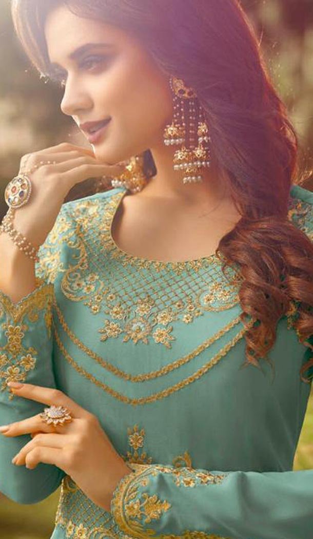 Sea Green Color Soft Georgette Knee Length Party Wear Salwar Kameez - 417150862