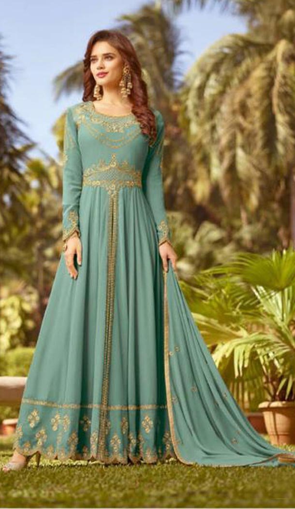Sea Green Color Soft Georgette Knee Length Party Wear Salwar Kameez - 417150862