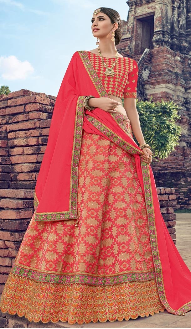 Elegant Pink Color Jacquard Chinon Wedding and Sangeet Ceremony Lehenga Choli - 416650821
