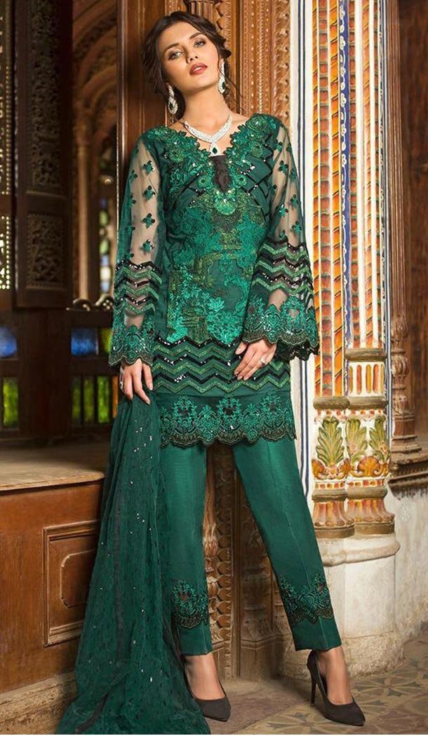 Green Color Net Party Embroidery Straight Pant Suit - 418150959