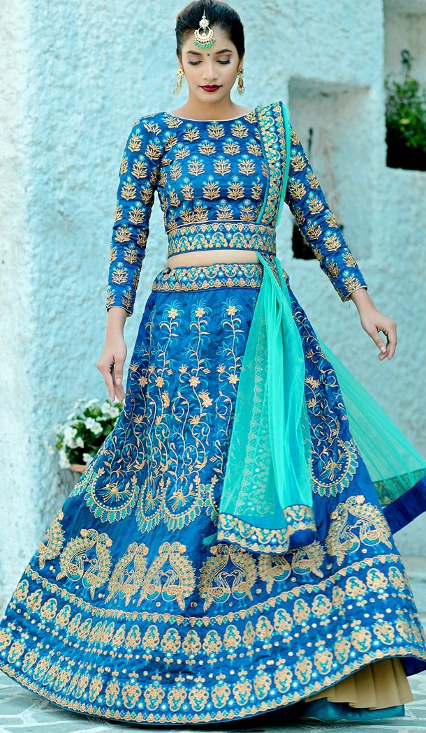 Azure Color Silk Designer Heavy Wedding Wear Lehenga Choli - 420051154