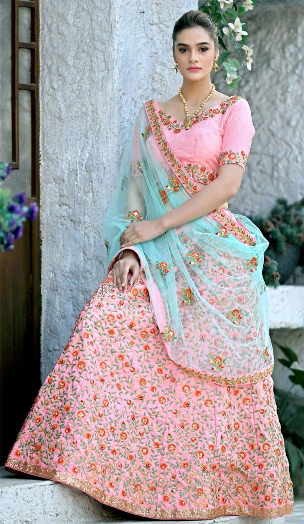 Tantalizing Pink Color Silk Designer Heavy Wedding Wear Lehenga Choli - 420051155
