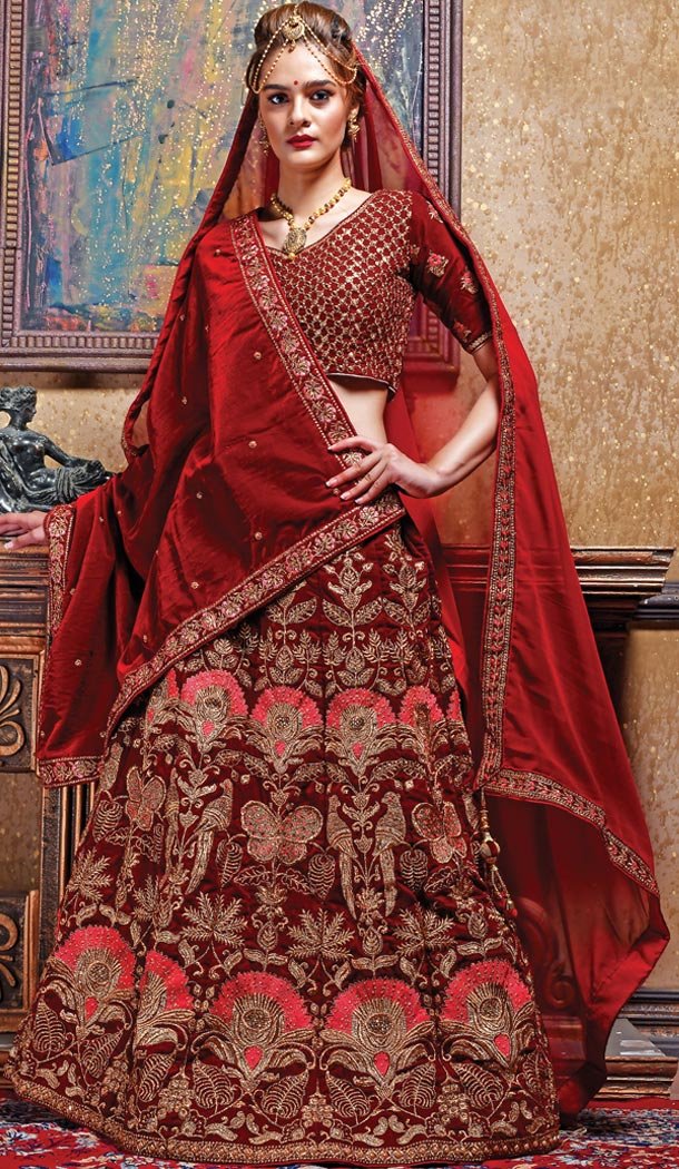 Maroon Color Velvet Designer Heavy Wedding Wear Lehenga Choli - 420051160