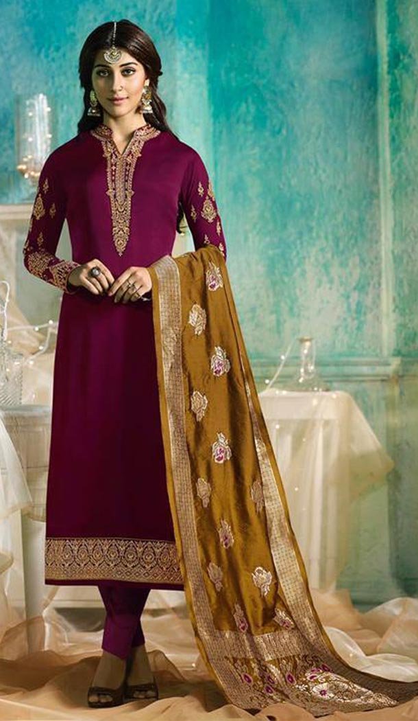 Plum Color Satin Georgette Traditional Party Wear Salwar Kameez - 418250966