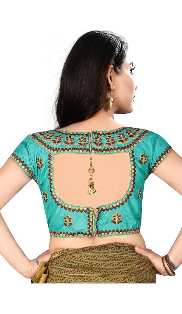 Aqua Green Color Silk Short Sleeve Party Wear Readymade Blouse - 418851010