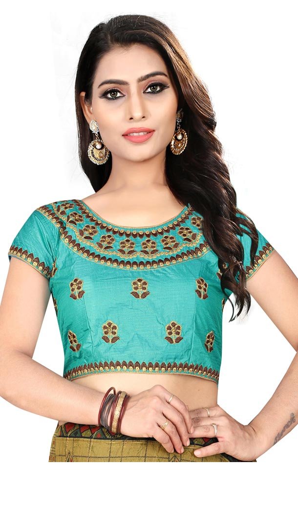 Aqua Green Color Silk Short Sleeve Party Wear Readymade Blouse - 418851010