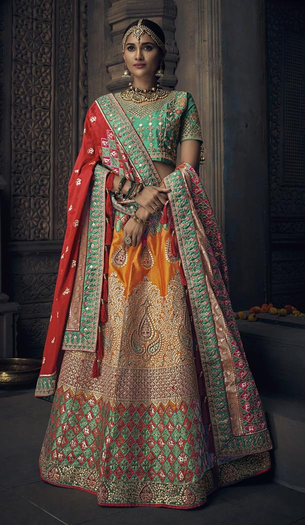 Golden Orange Color Banarasi Silk Bridel Wedding Chaniya Choli - 420851243