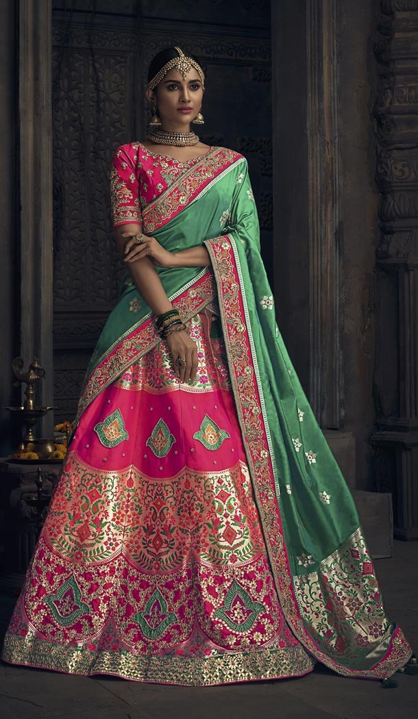 Traditional Rani Color Banarasi Silk Bridel Wedding Chaniya Choli - 420851246