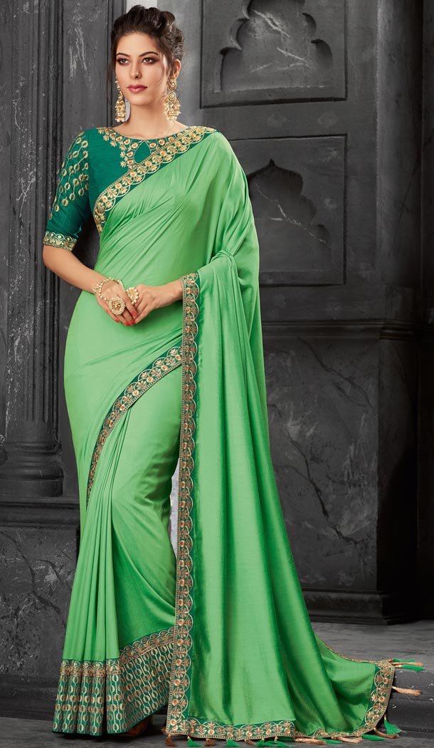 Vivacious Green Color Silk Embroidery Traditional Party Sarees