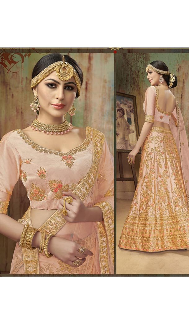 Creamy Pink Satin Silk Traditional Designer Lehenga Choli - 422551444