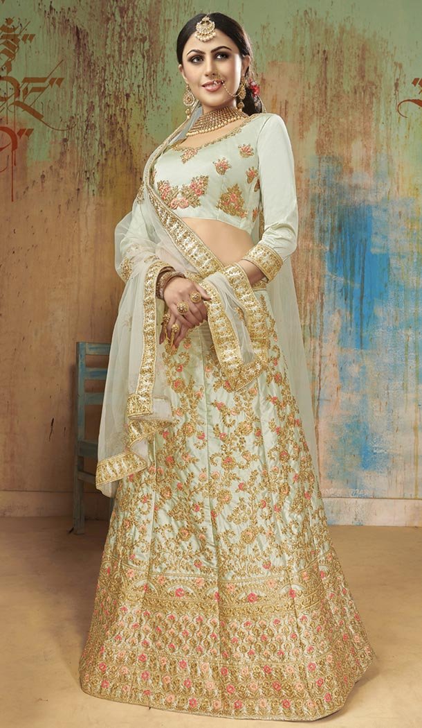 Creamy Aqua Green Satin Silk Traditional Designer Lehenga Choli - 422551450