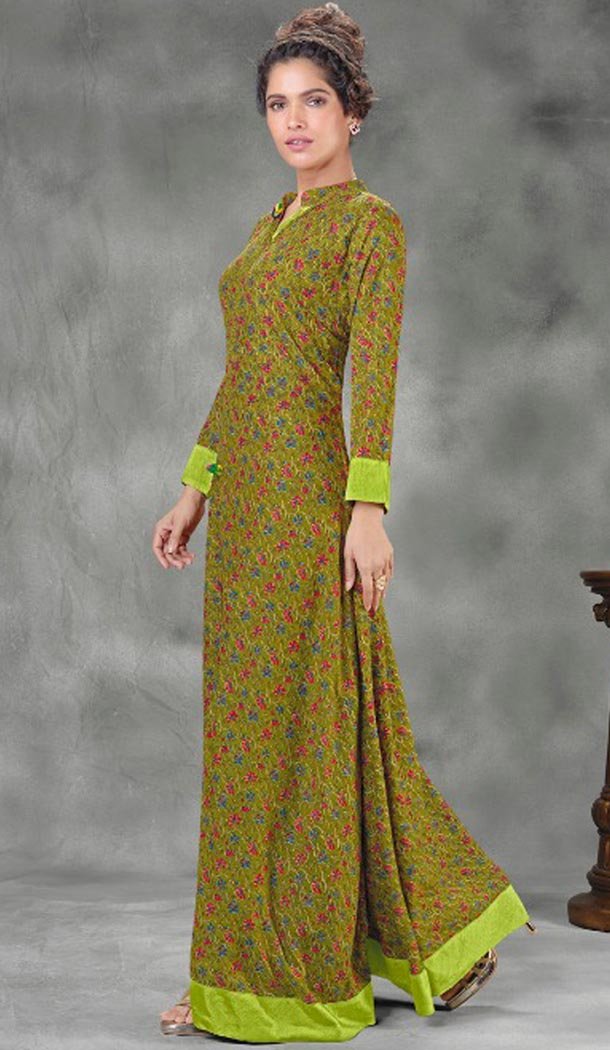 Ravishing Mehendi Green Color Georgette Designer Wear Long Readymade Kurtis - 423051531