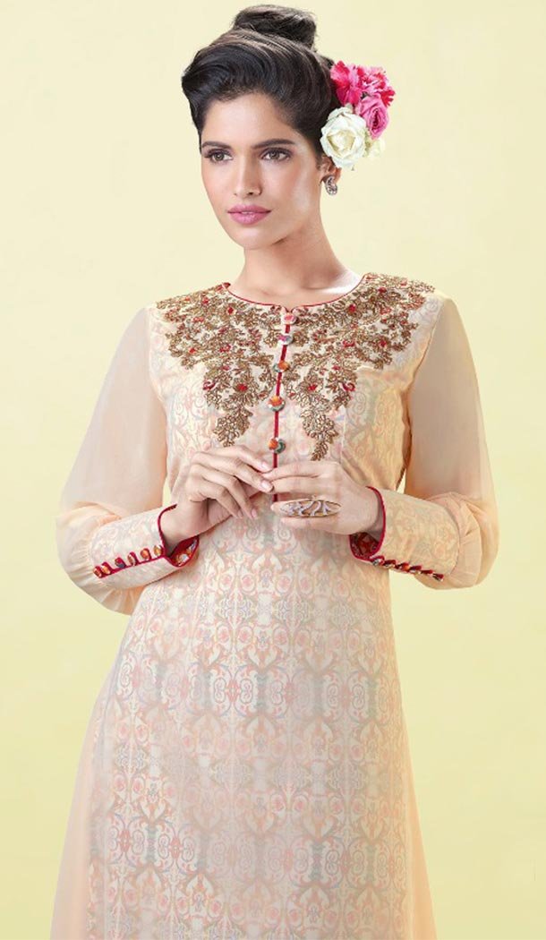 Classy Cream Color Georgette Designer Wear Long Readymade Kurtis - 423051538