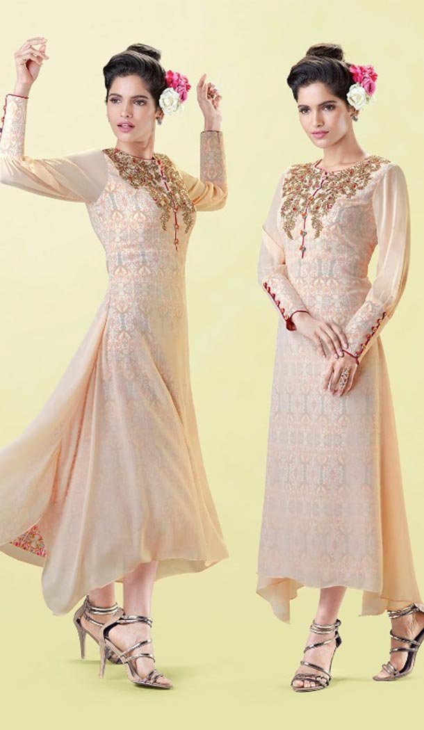 Classy Cream Color Georgette Designer Wear Long Readymade Kurtis - 423051538
