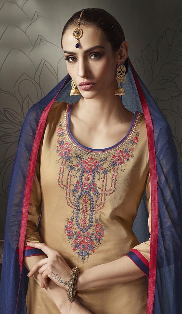 Cream Color Jam Silk Cotton Party Wear Lehenga Suit - 423851596