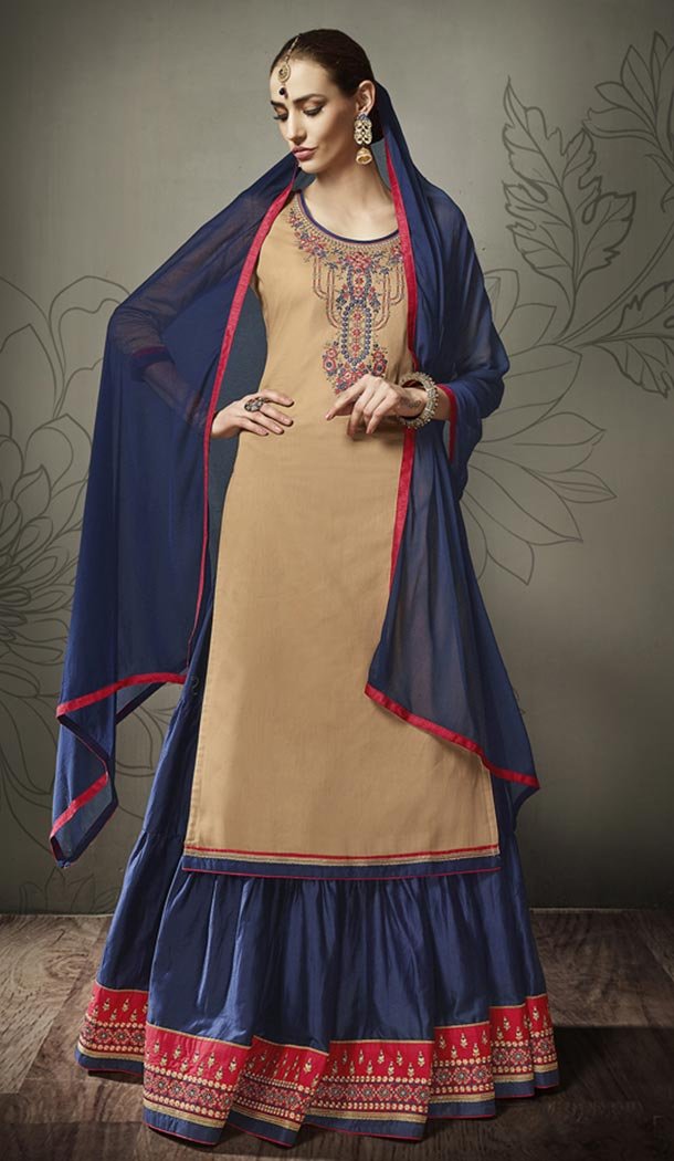 Cream Color Jam Silk Cotton Party Wear Lehenga Suit - 423851596