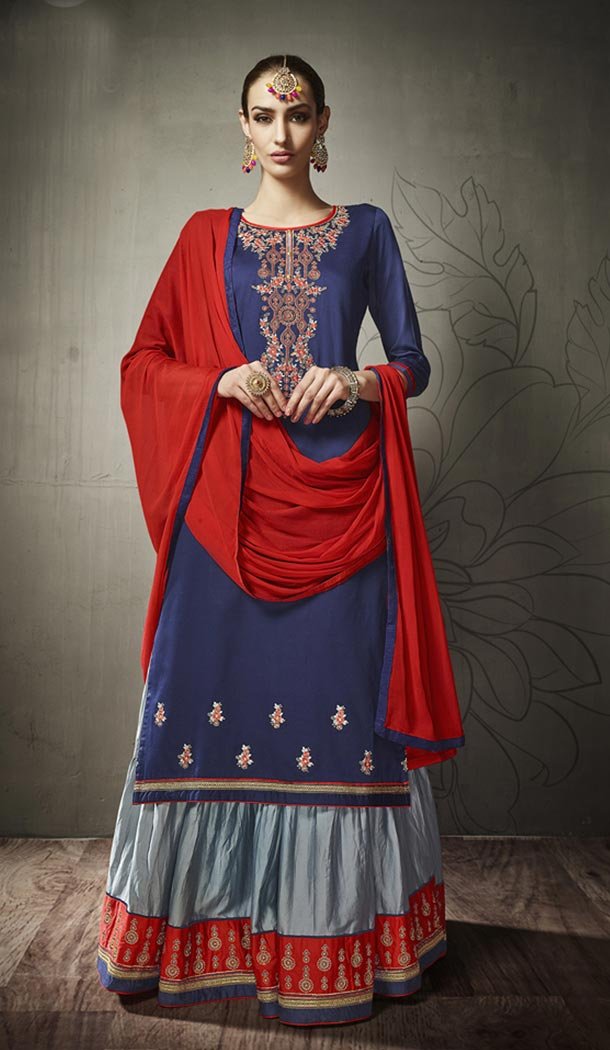 Classy Navy Blue Color Jam Silk Cotton Party Wear Lehenga Suit - 423851597