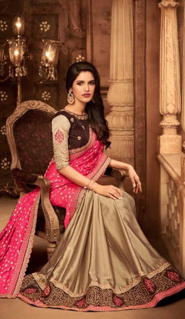 Pink And Beige Color Silk Heavy Embroidery Traditional Saree - 421951349