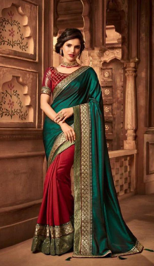 Two Tone Green Color Silk Heavy Embroidery Traditional Saree - 421951352