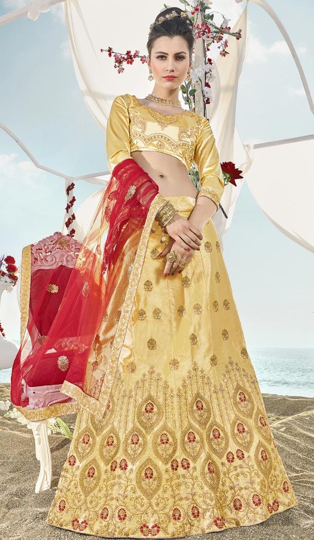 Chic Beige Color Silk Embroidery Party Wear Lehenga Choli - 425851936