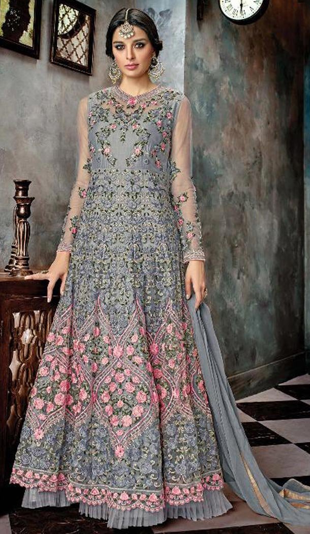 Grey Color Butterfly Net Designer Pakistani Anarkali Salwar Kameez - 423351570