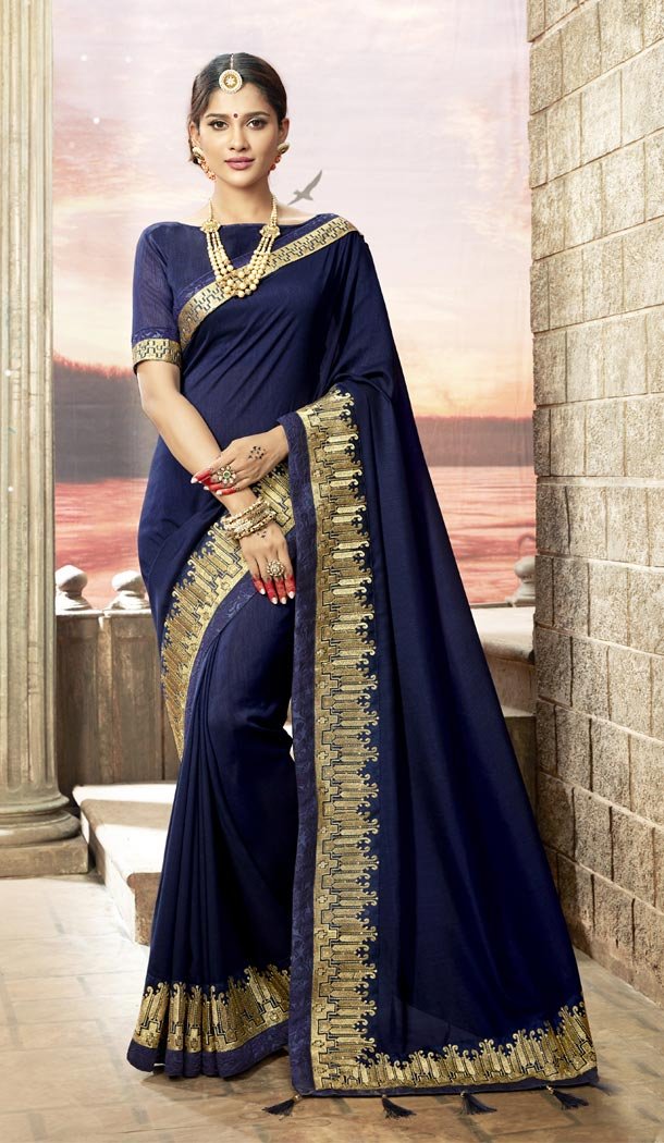 Navy Blue Color Rangoli Silk Traditional Wear Sarees Blouse - 424751748