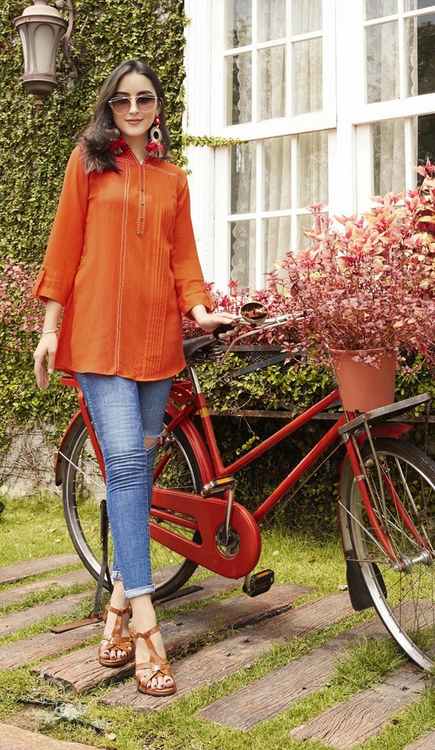 Aesthetic Orange Color Rayon Embroidery Casual Wear Short Kurti - 427052055