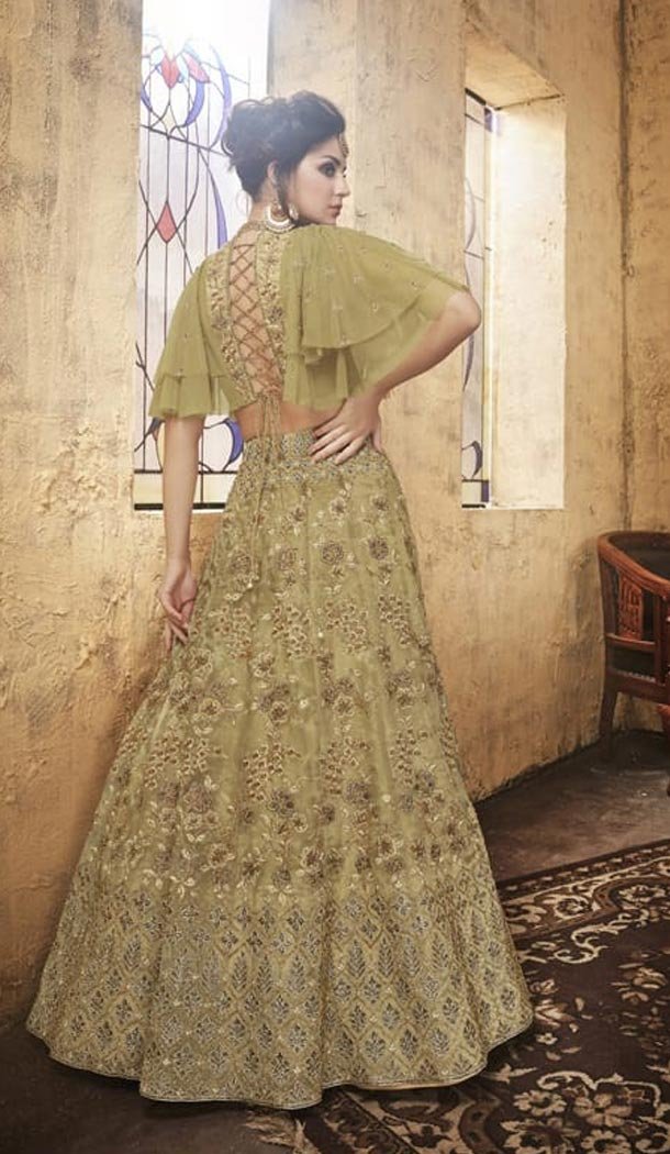 Olive Color Net Heavy Embroidery Designer Lehenga Choli - 431152699