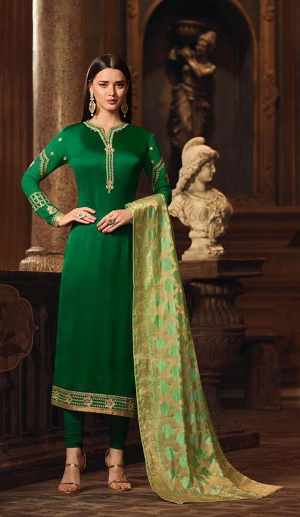 Green Color Satin Georgette Indian Party Wear Churidar Kameez - 432752863