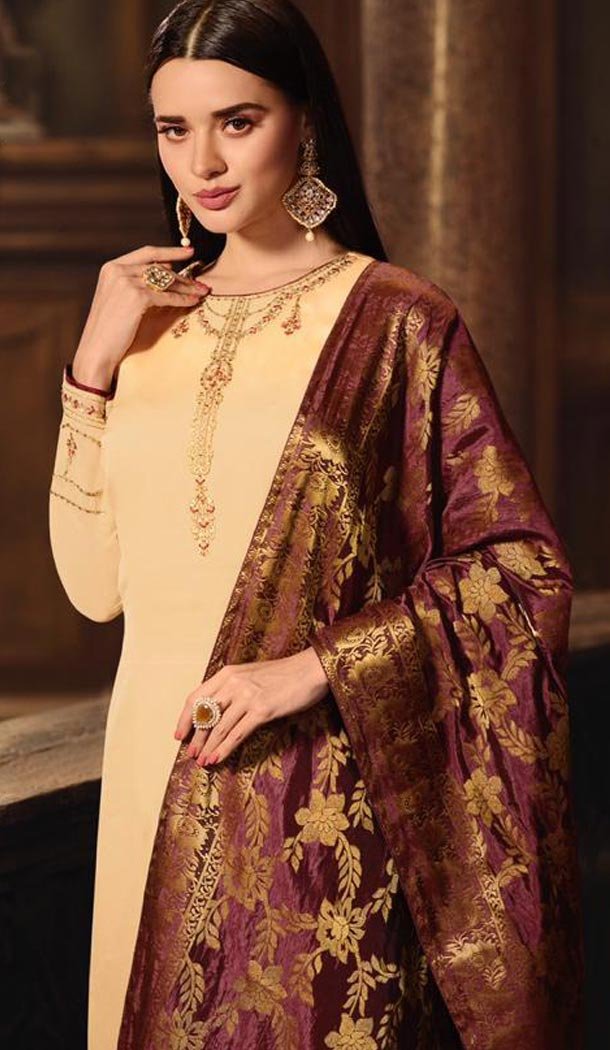 Cream Color Satin Georgette Indian Party Wear Churidar Kameez - 432752864