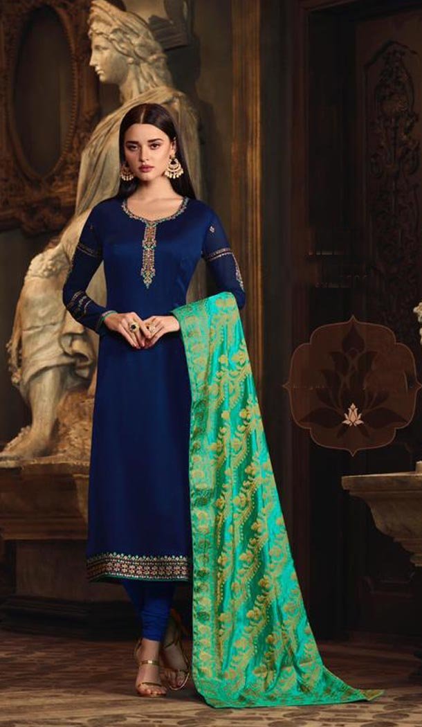 Navy Blue Color Satin Georgette Indian Party Wear Churidar Kameez - 432752868