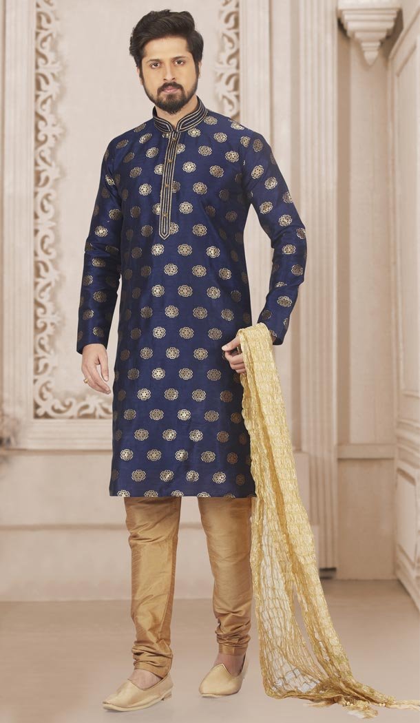 Tantalizing Blue Color Jacquard Silk Brocade Ready Made Men Kurta Pajama - 433853039