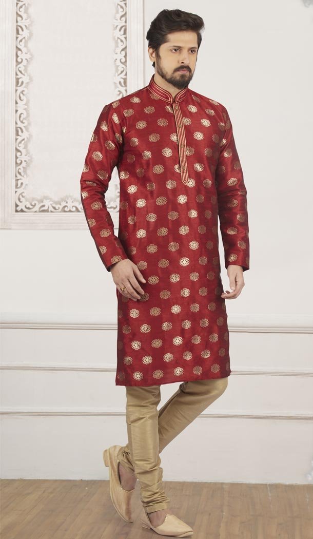Maroon Color Jacquard Silk Brocade Ready Made Men Kurta Pajama - 433853040