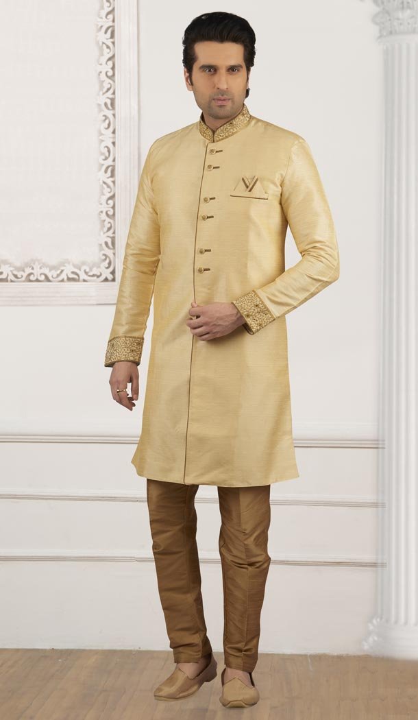 Golden Color Banarasi Art Silk Ready Made Men Semi Indo Aligadhi Pant - 433853050