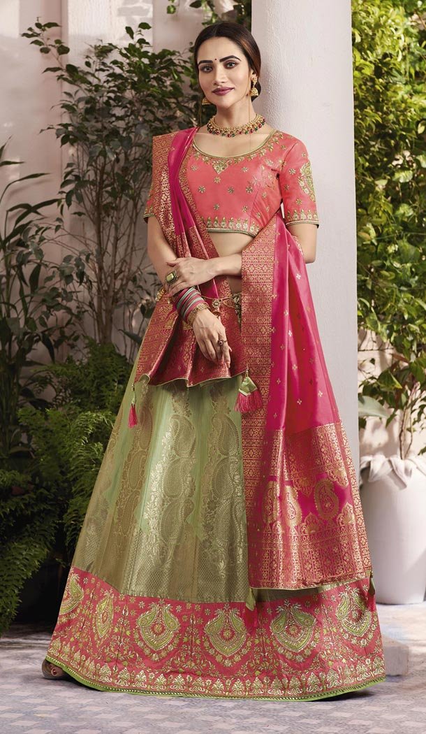 Aqua Green And Peach Color Silk Jacquard Traditional Designer Lehenga Choli - 433553013