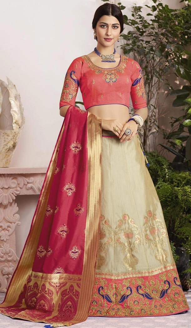 Cream And Peach Color Silk Jacquard Traditional Designer Lehenga Choli - 433553016