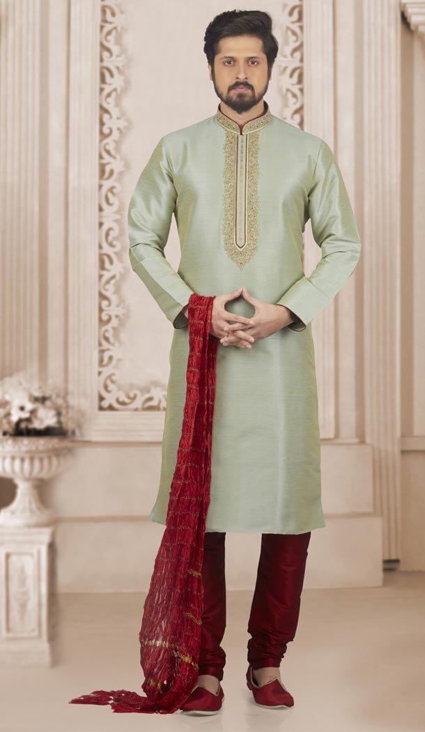 Pista Color Art Banarasi Silk Mens Readymade Kurta And Pyjama - 433953076