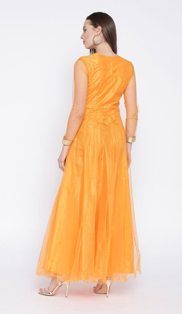 Goldenrod Color Net Party Wear Gown Dress - 434853204