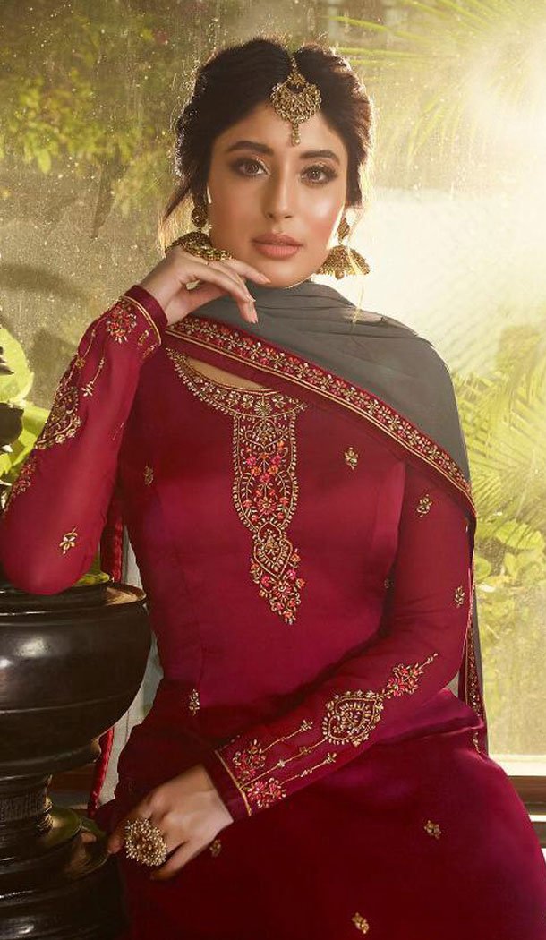 Magenta Color Satin Georgette Straight Cut Party Wear Sharara Suit - 434953205