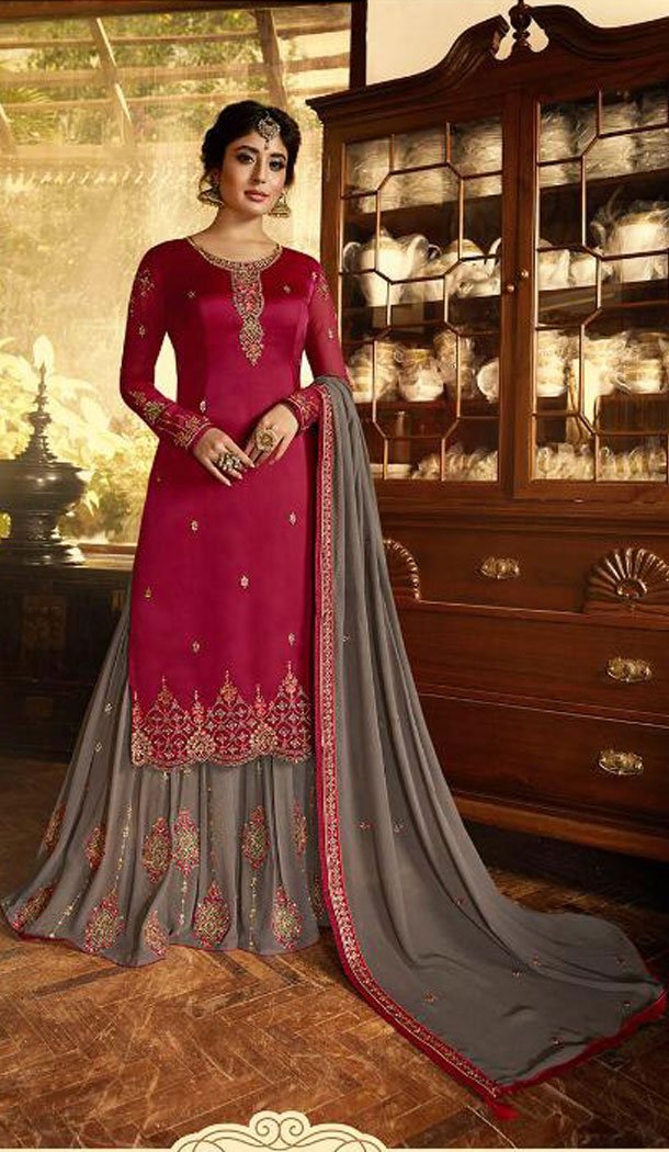 Magenta Color Satin Georgette Straight Cut Party Wear Sharara Suit - 434953205
